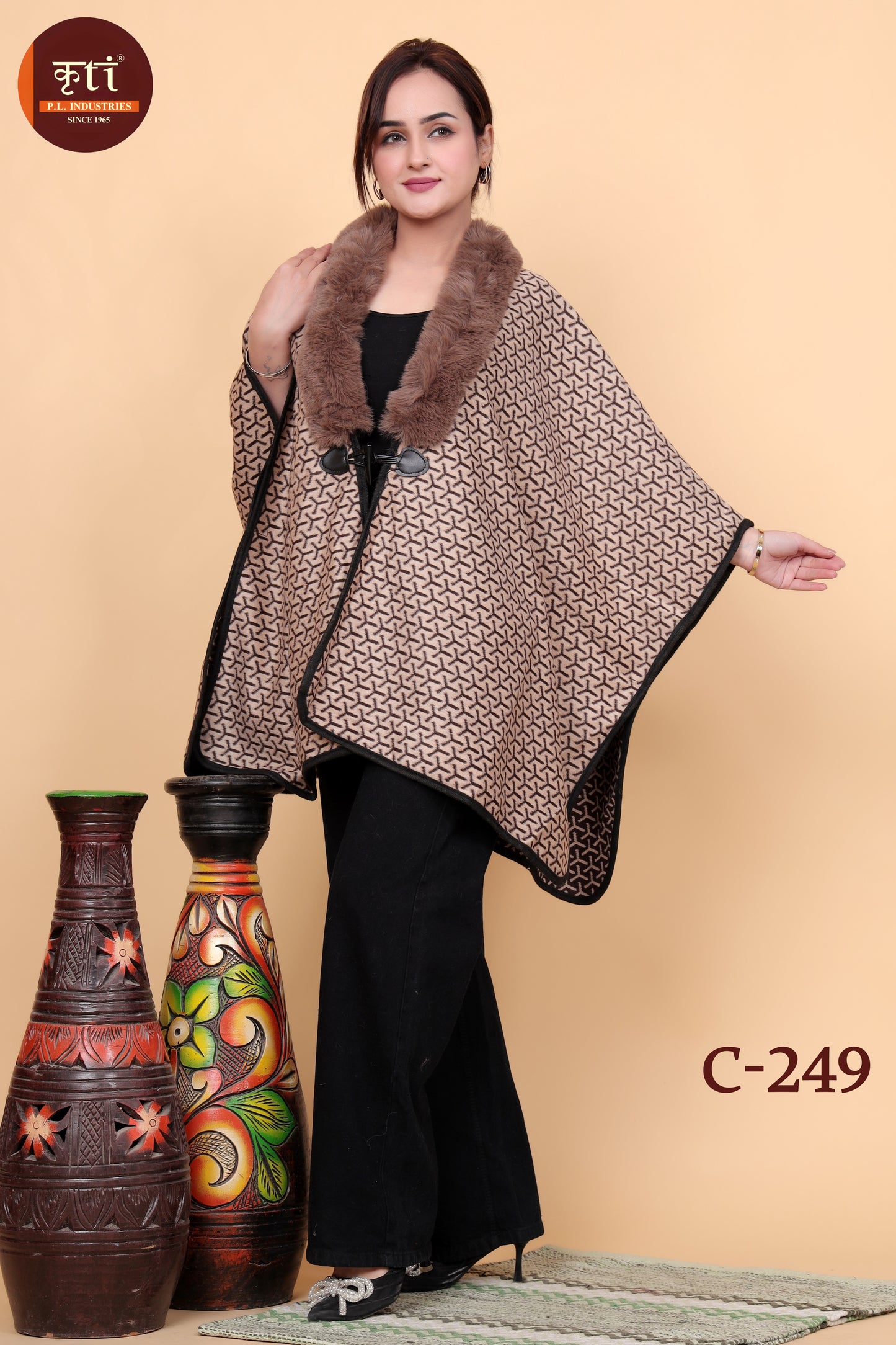 KRITI Fur Collar Woollen Ponchu Beige Color For Women