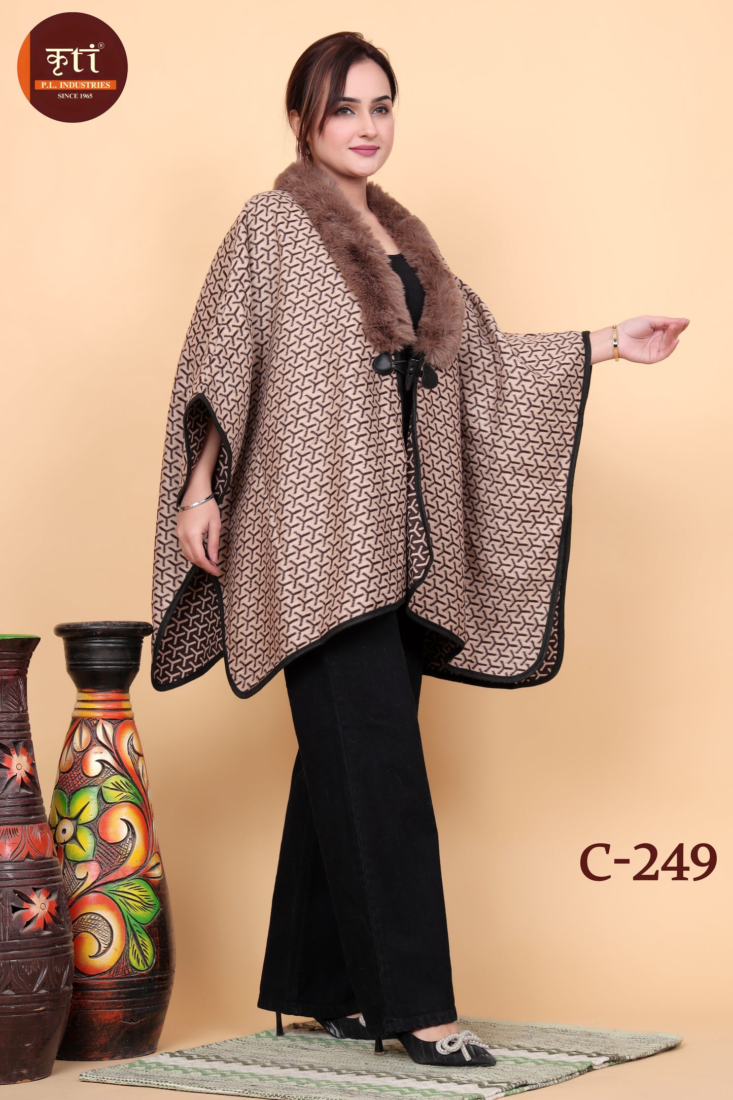 KRITI Fur Collar Woollen Ponchu Beige Color For Women