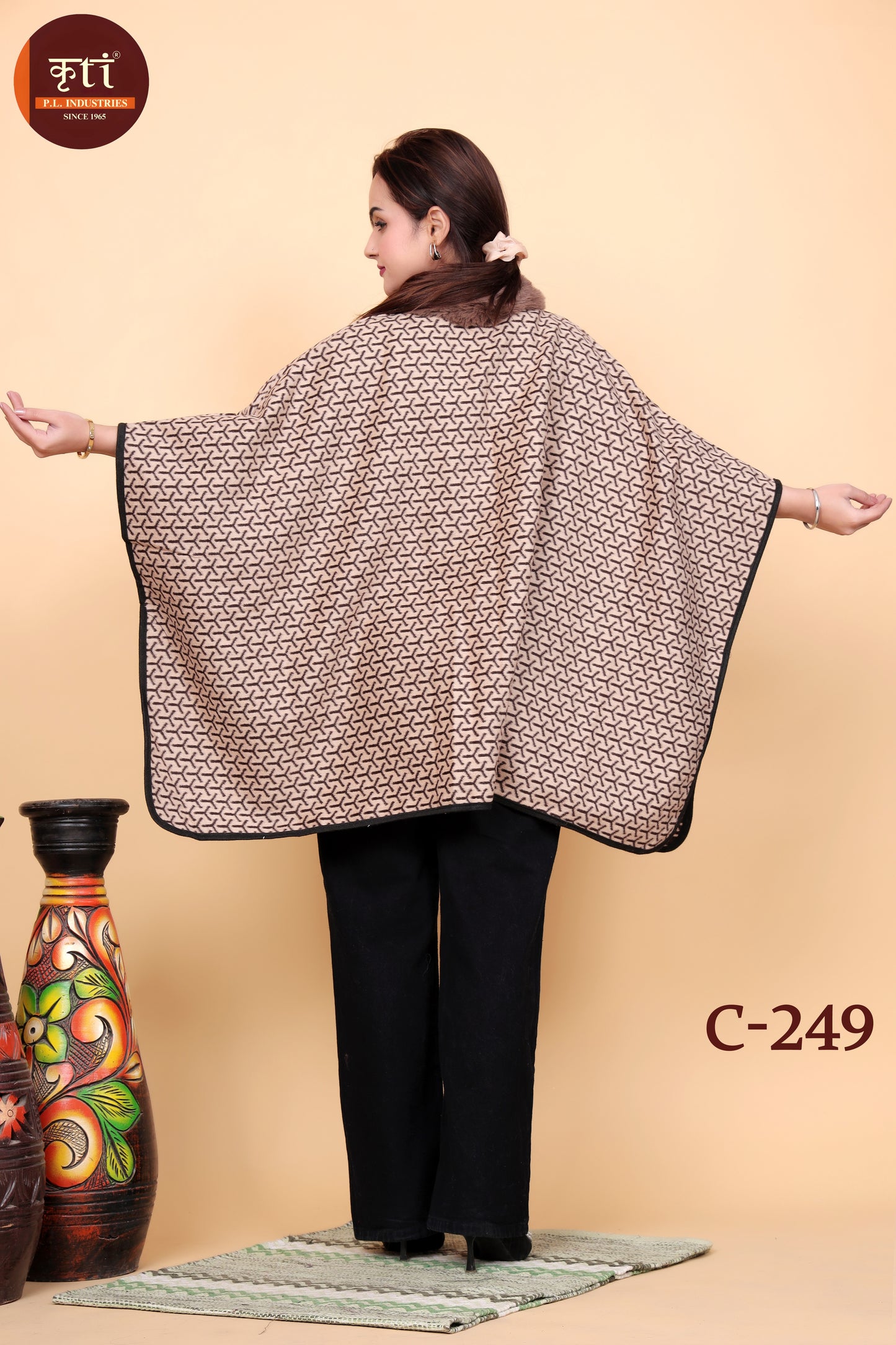 KRITI Fur Collar Woollen Ponchu Beige Color For Women