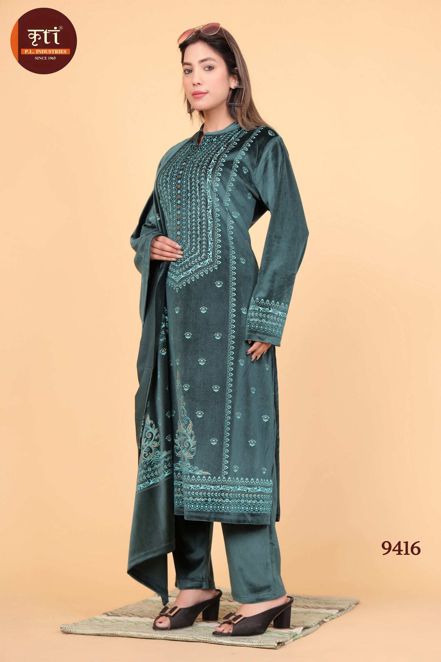 Royal Velvet Winter Kurti Set – 3-Piece Suit with Dupatta & Bottom | Elegant & Warm