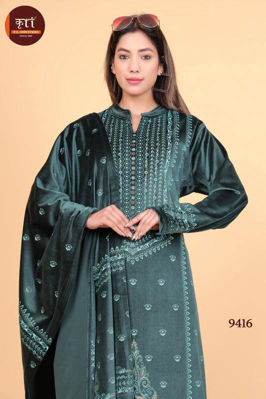 KRITI Winter Premium Heavy Velvet Suit Set Green Color Women
