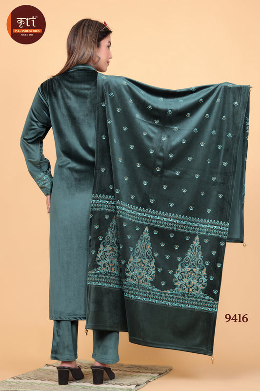 KRITI Winter Premium Heavy Velvet Suit Set Green Color Women