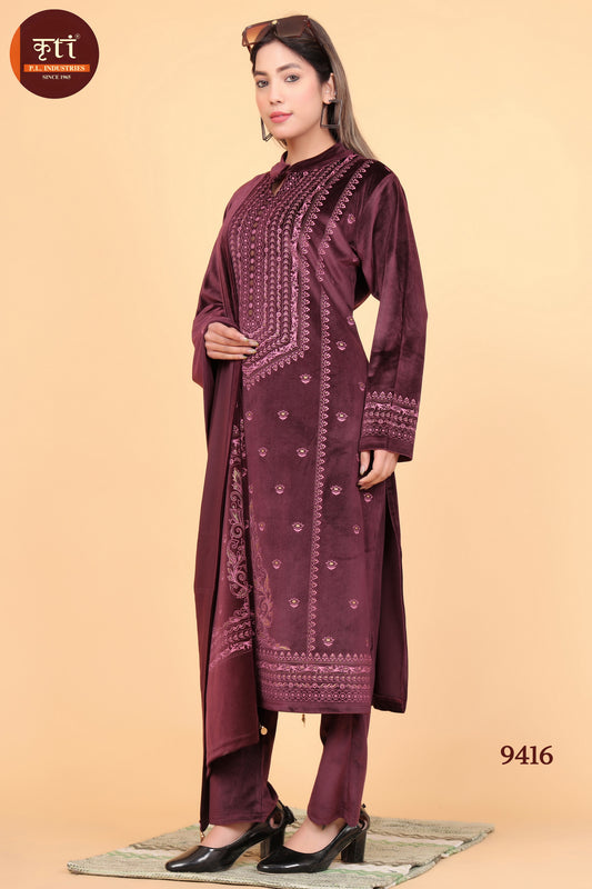 KRITI Winter Premium Embroidery Velvet Suits Set Maroon Color For Women