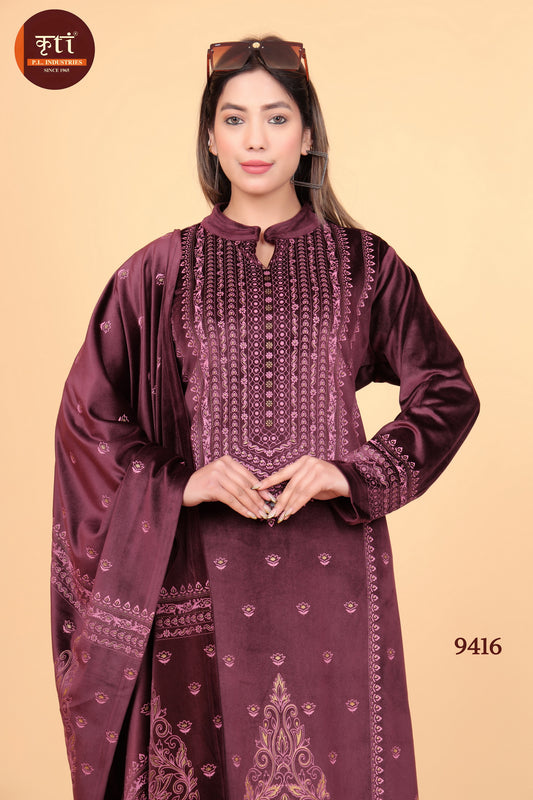 KRITI Winter Premium Embroidery Velvet Suits Set Maroon Color For Women