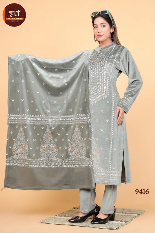 KRITI Winter Design Velvet Suit Set Grey Color For Women