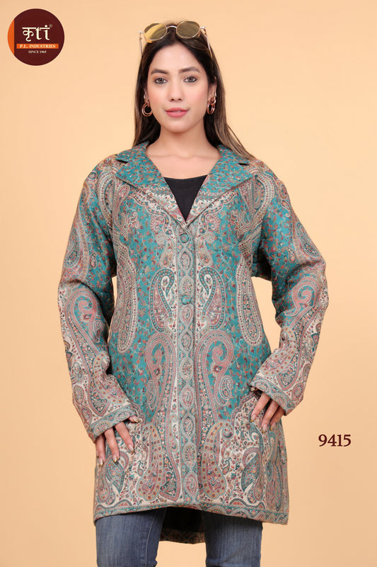 KRITI Winter Traditional Kani Design Woollen Coat Green color For Women