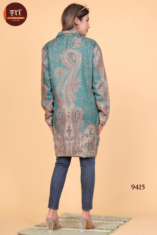 KRITI Winter Traditional Kani Design Woollen Coat Green color For Women