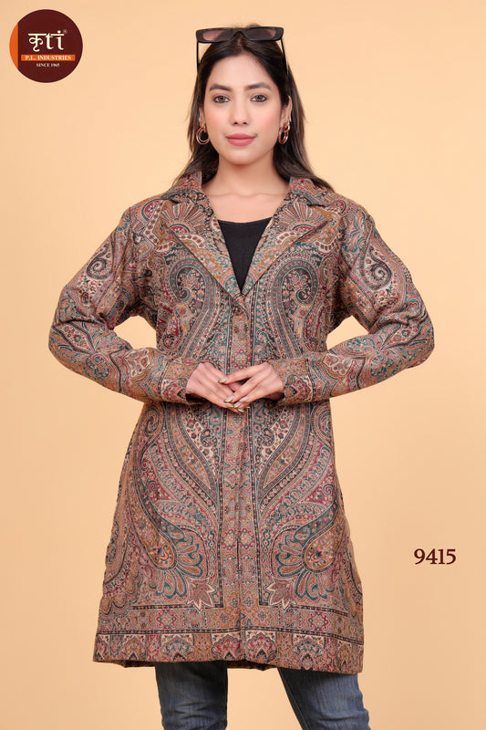 KRITI Traditional Kani Design Woollen Coat Mustard color For Women