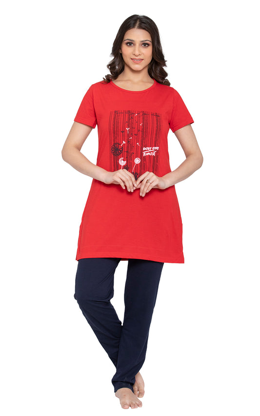 KRITI Sleepwear Cotton Printed Night Suit Red Color For Women