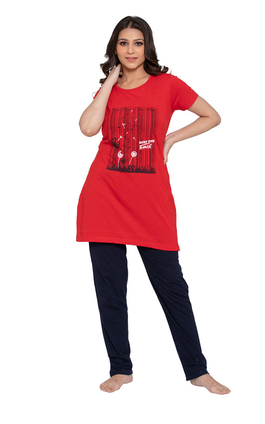 KRITI Sleepwear Cotton Printed Night Suit Red Color For Women