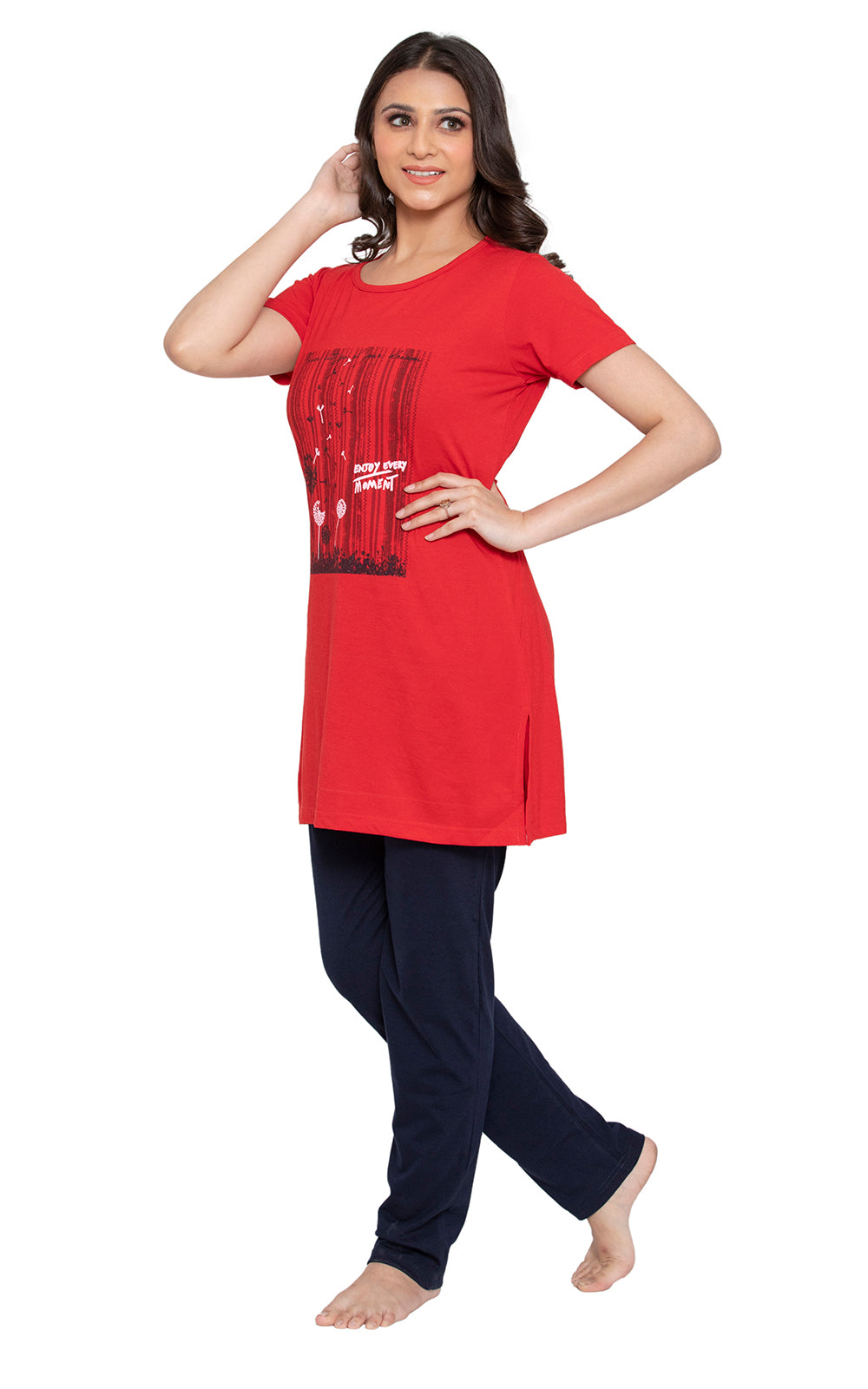 KRITI Sleepwear Cotton Printed Night Suit Red Color For Women