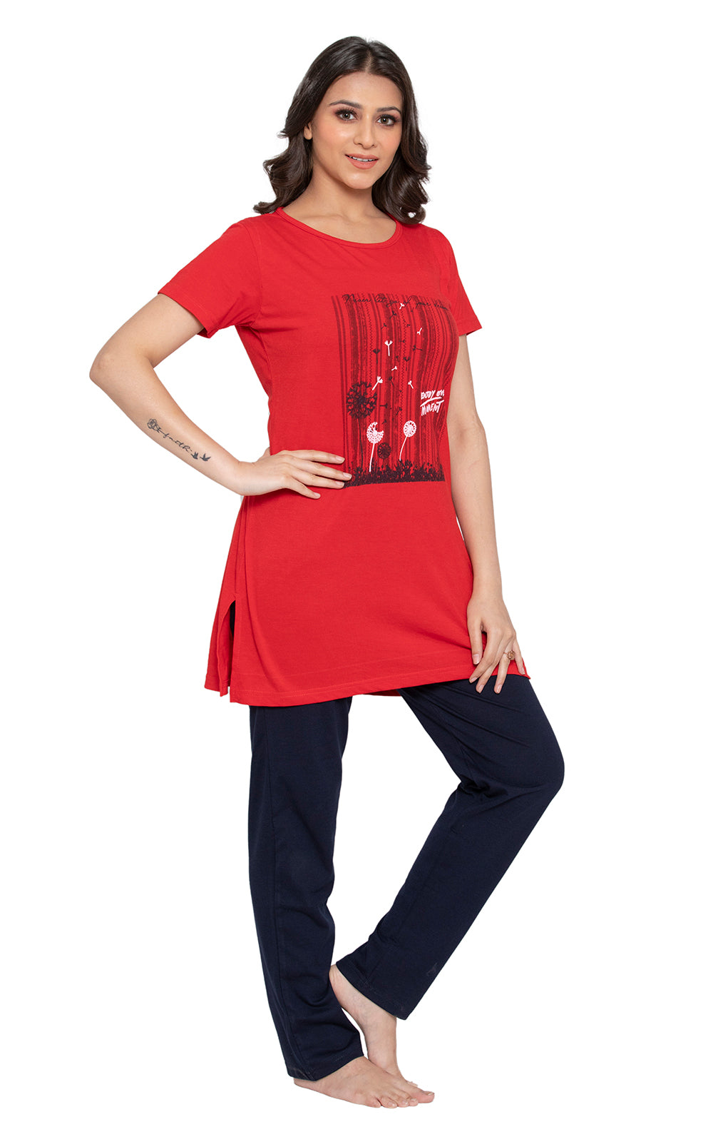 KRITI Sleepwear Cotton Printed Night Suit Red Color For Women