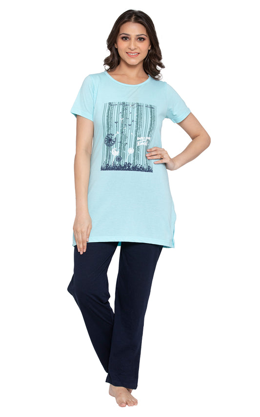 KRITI Sleepwear Cotton Printed Night Suit Sky Blue Color For Women’s