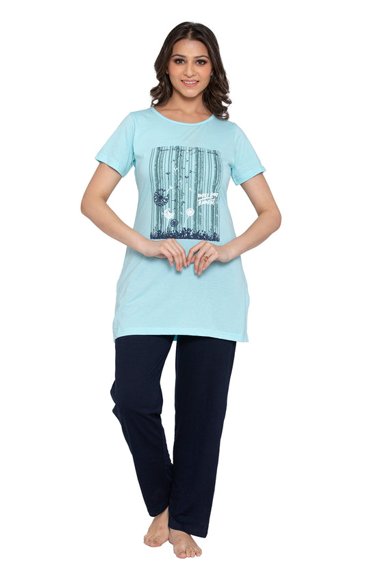 KRITI Sleepwear Cotton Printed Night Suit Sky Blue Color For Women’s