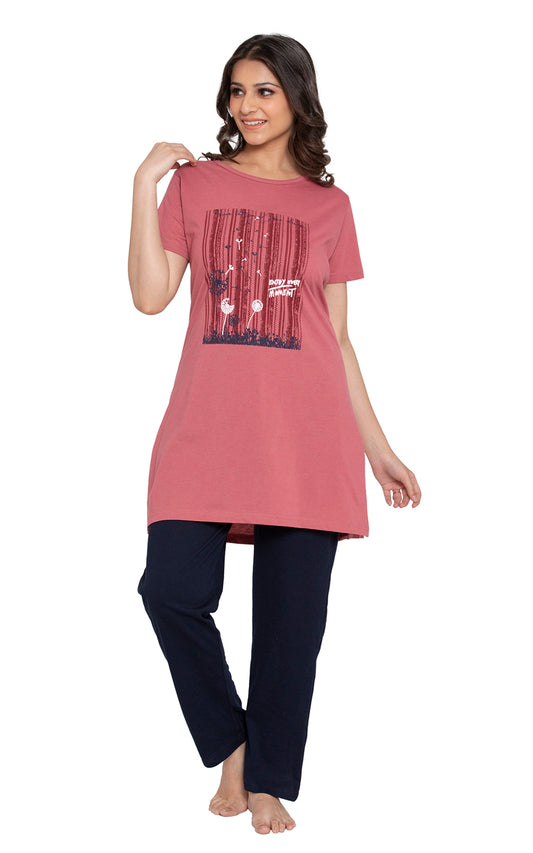 KRITI Sleepwear Cotton Printed Night Suit Pink Color For Women