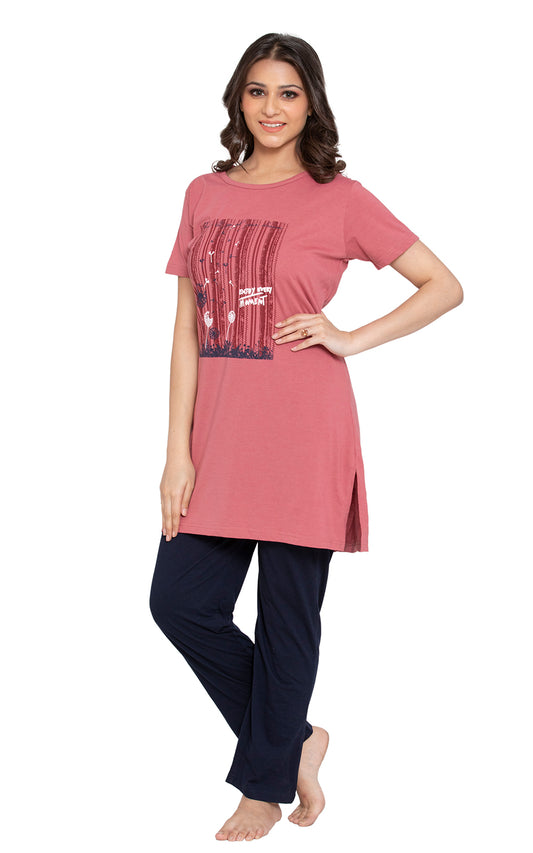 KRITI Sleepwear Cotton Printed Night Suit Pink Color For Women