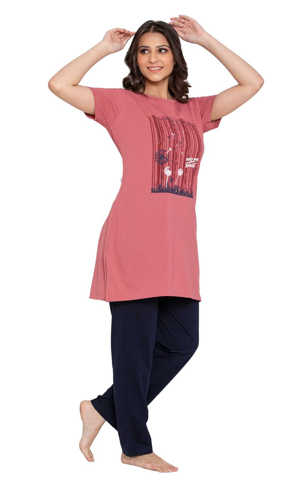 KRITI Sleepwear Cotton Printed Night Suit Pink Color For Women