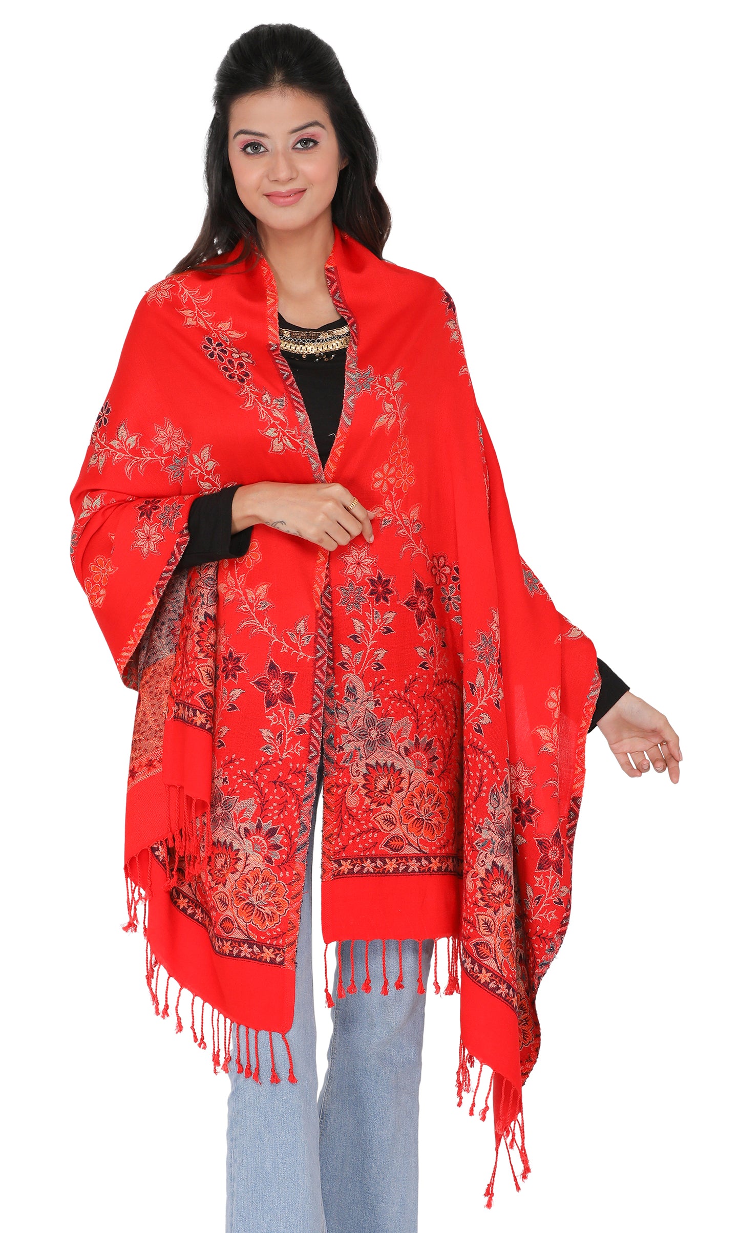 KRITI Floral Border Design Woolen Red Color Stole For Girl