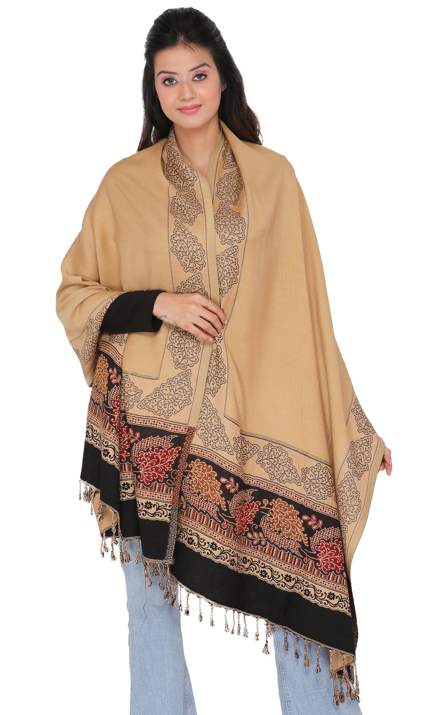 KRITI Floral Border Design Woolen Camel Black Color Stole For Girl