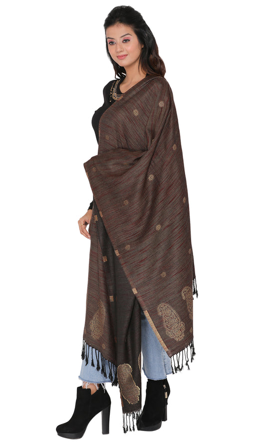 कृति धारीदार बॉर्डर डिज़ाइन ऊनी काले रंग का स्टोल लड़कियों के लिए