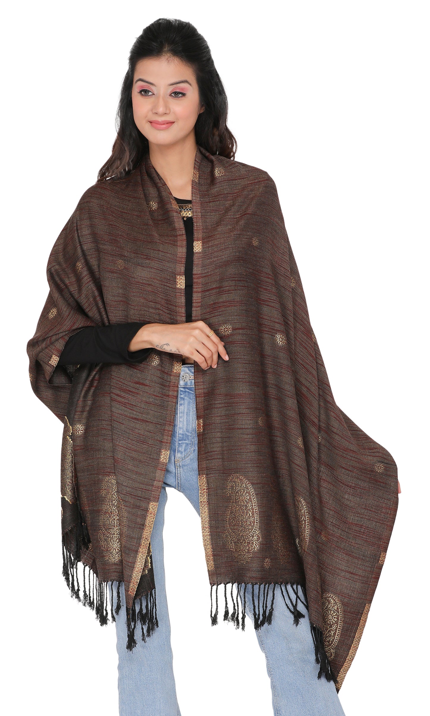 KRITI Striped Border Design Woolen Black Color Stole For Girl
