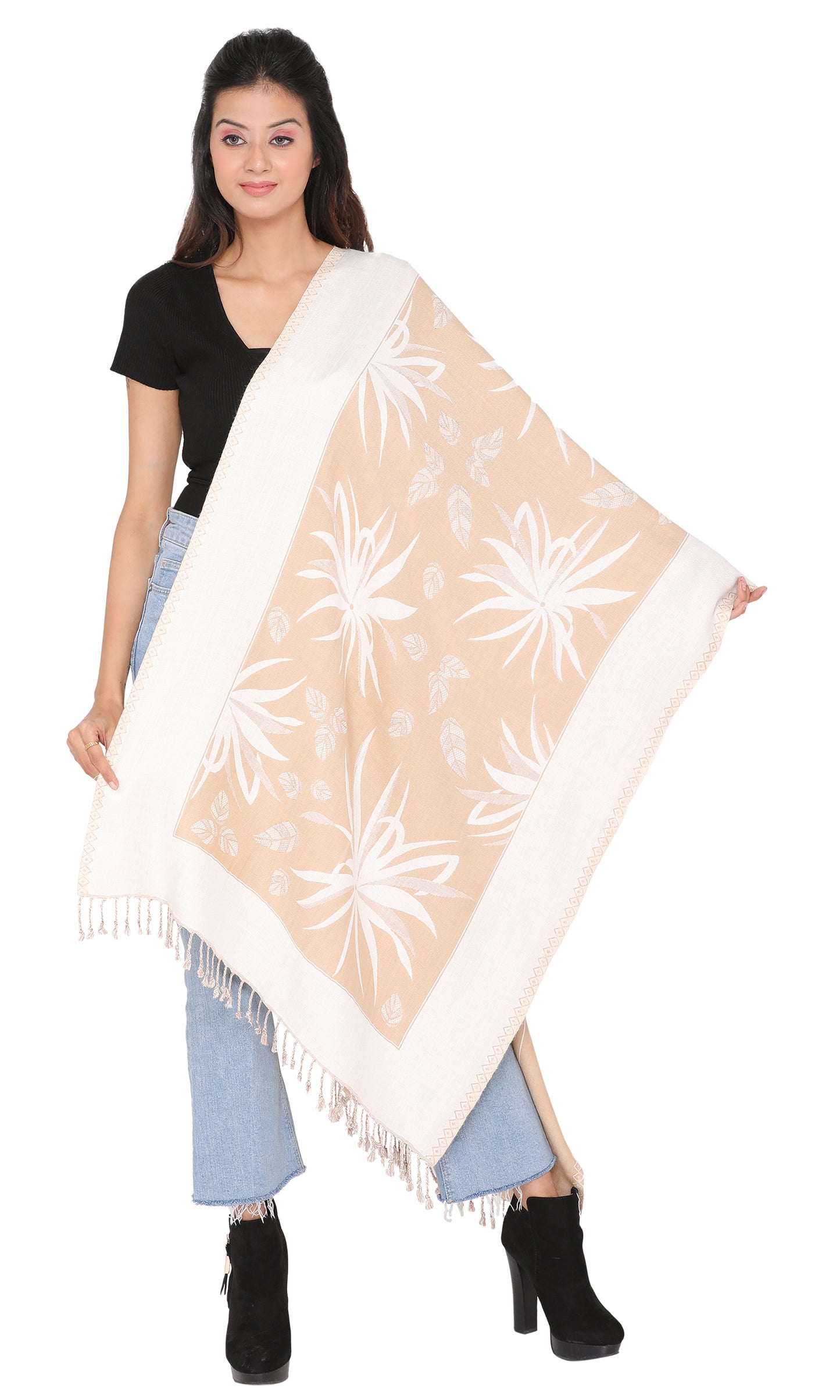 कृति फ्लोरल वूलन बेज कलर स्टोल लड़कियों के लिए