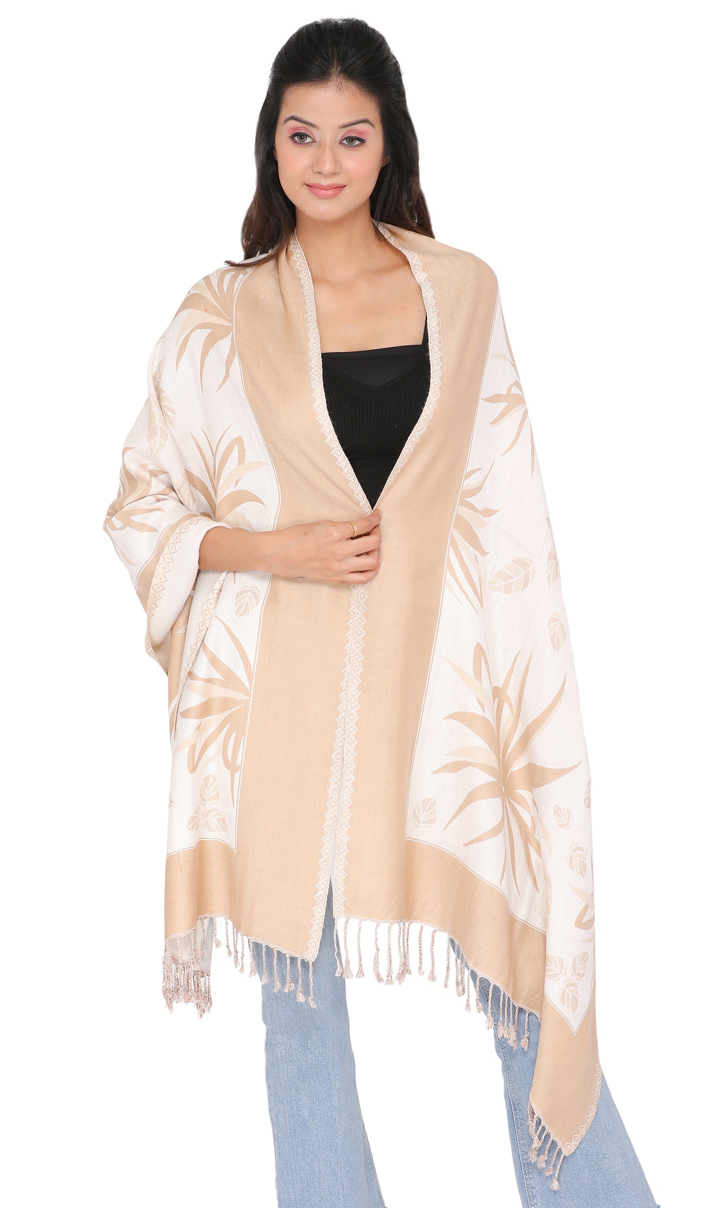 कृति फ्लोरल वूलन बेज कलर स्टोल लड़कियों के लिए