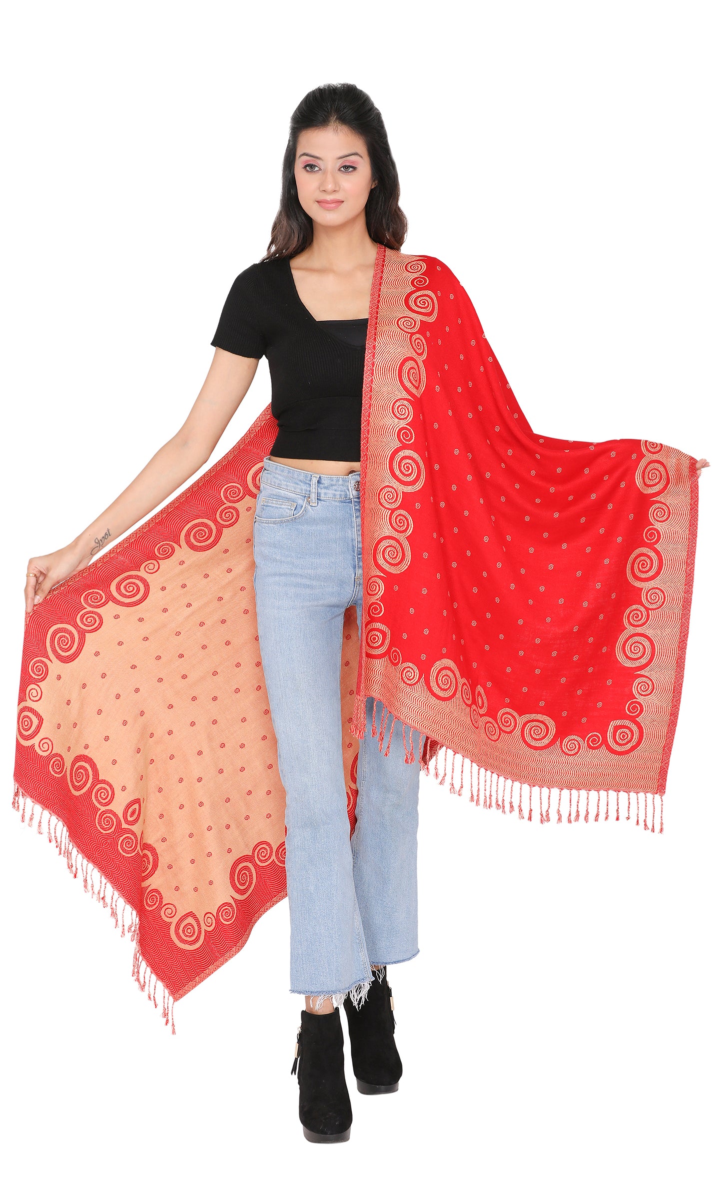 KRITI Floral Border Design Woolen Red Color Stole For Girl