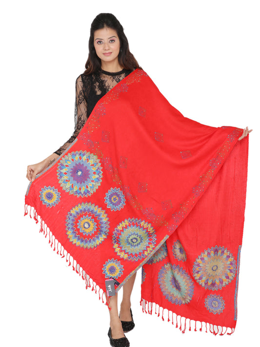KRITI Circular Embroidery Woollen Red Color Shawl for Women