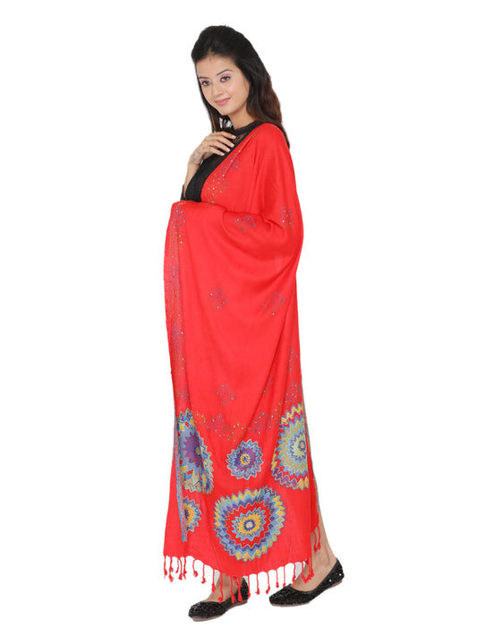 KRITI Circular Embroidery Woollen Red Color Shawl for Women