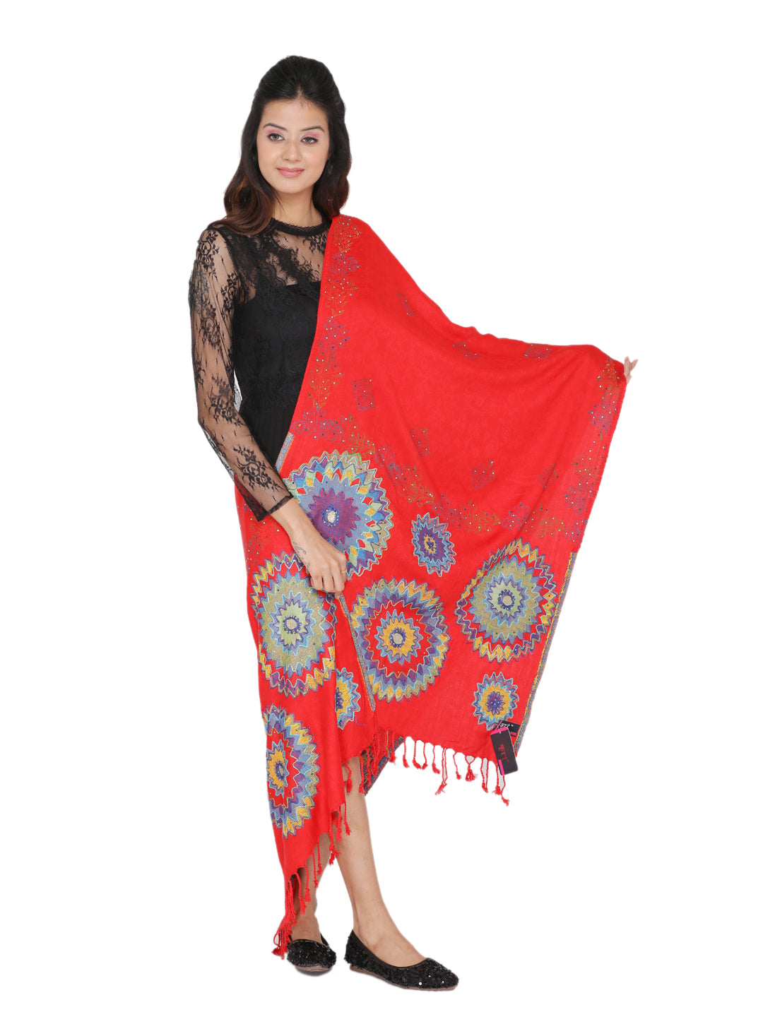 KRITI Circular Embroidery Woollen Red Color Shawl for Women