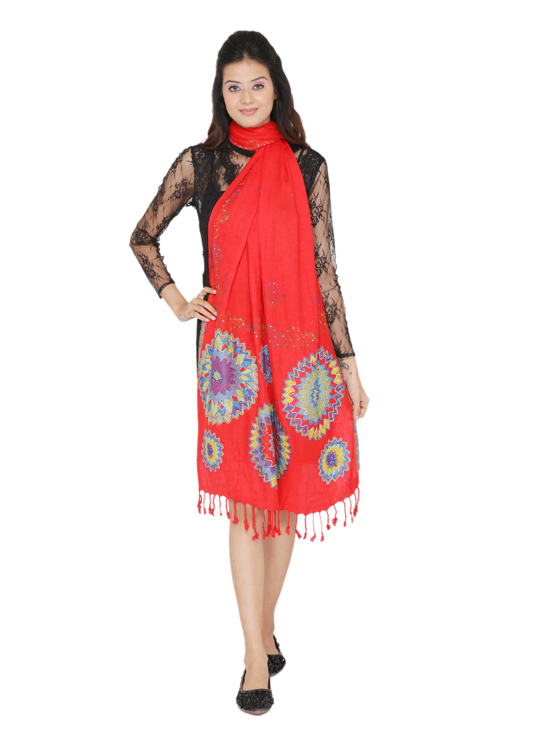 KRITI Circular Embroidery Woollen Red Color Shawl for Women