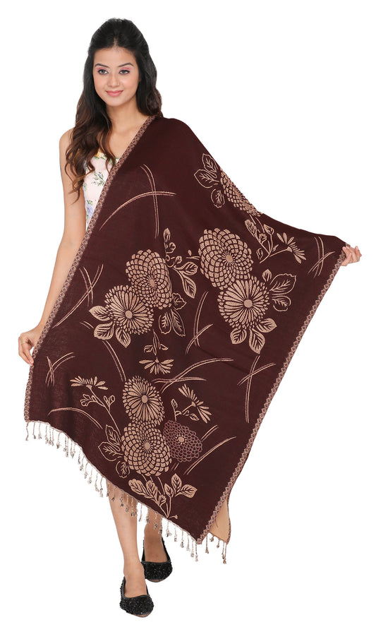 KRITI Paisley Designer Woollen Reversible Brown Stole For Girl