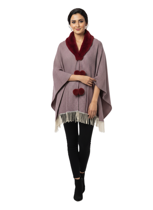 महिलाओं के लिए फॉक्स फर कॉलर पोंचो रैप - फ्रिंज के साथ ओवरसाइज़्ड ओपन फ्रंट केप
