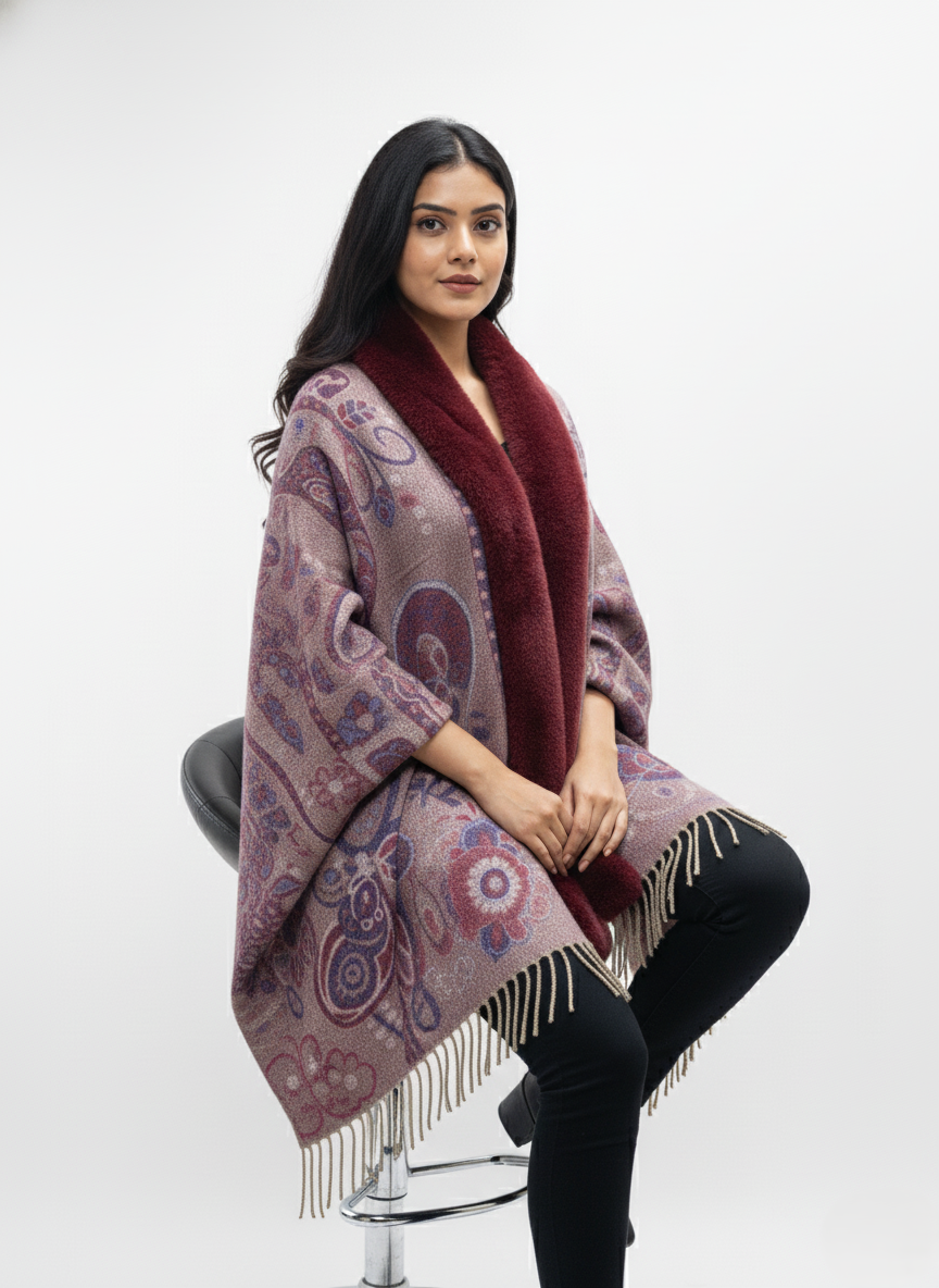 महिलाओं के लिए शानदार पैस्ले प्रिंटेड पोंचो केप, फॉक्स फर ट्रिम के साथ | गर्म बहुरंगी ऊनी मिश्रण आउटरवियर