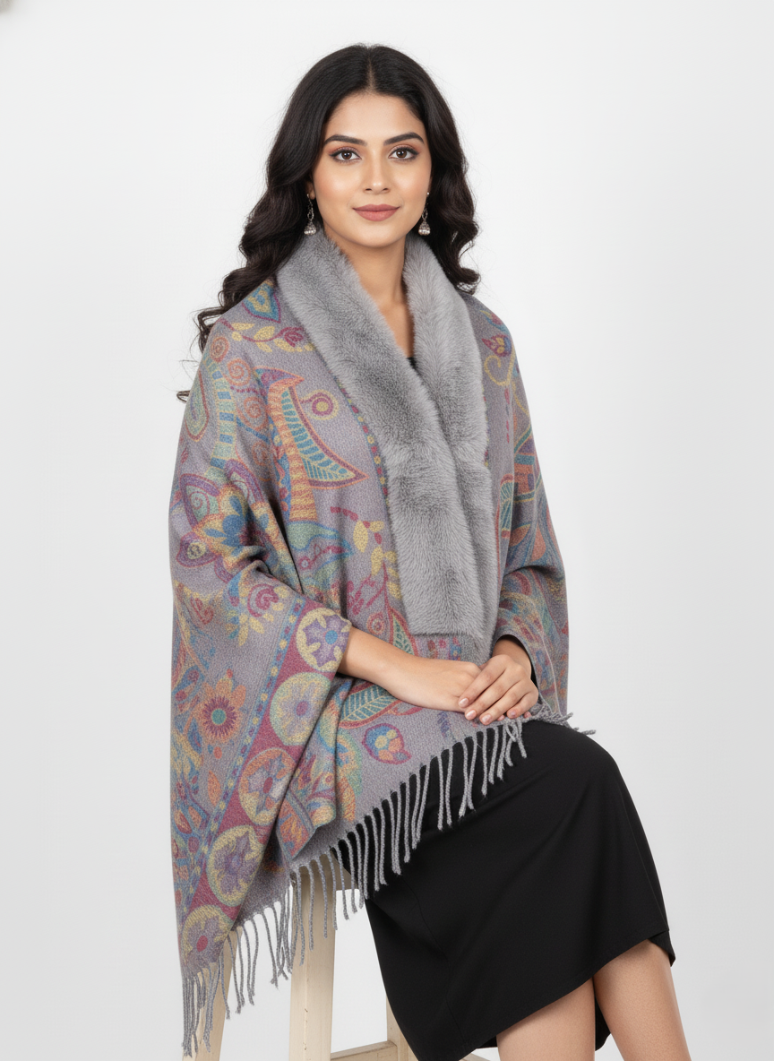 महिलाओं के लिए शानदार पैस्ले प्रिंटेड पोंचो केप, फॉक्स फर ट्रिम के साथ | गर्म बहुरंगी ऊनी मिश्रण आउटरवियर