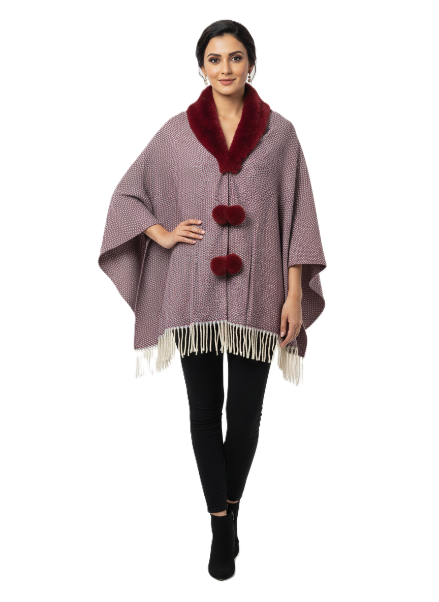 महिलाओं के लिए फॉक्स फर कॉलर पोंचो रैप - फ्रिंज के साथ ओवरसाइज़्ड ओपन फ्रंट केप