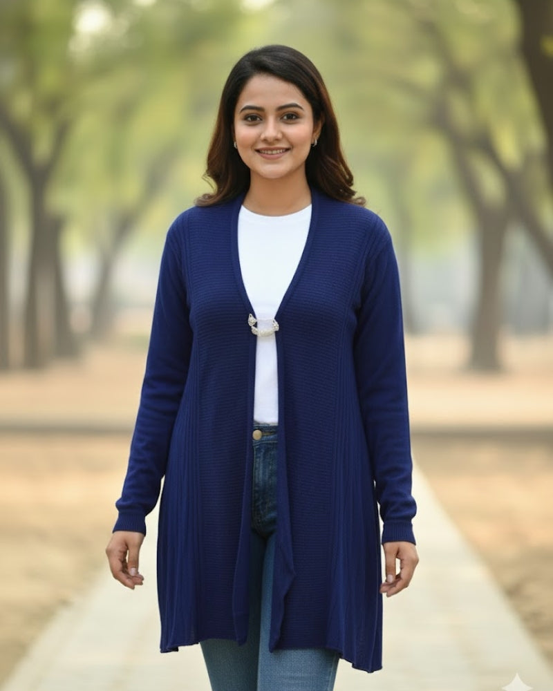 KRITI Women’s Long Shrug – Premium Wool Blend | Lightweight Winter Layer | Stylish Royal Blue Color Open-Front Shrug for Everyday Wear