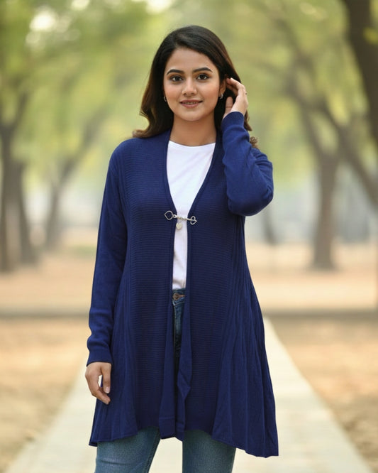 KRITI Women’s Long Shrug – Premium Wool Blend | Lightweight Winter Layer | Stylish Royal Blue Color Open-Front Shrug for Everyday Wear
