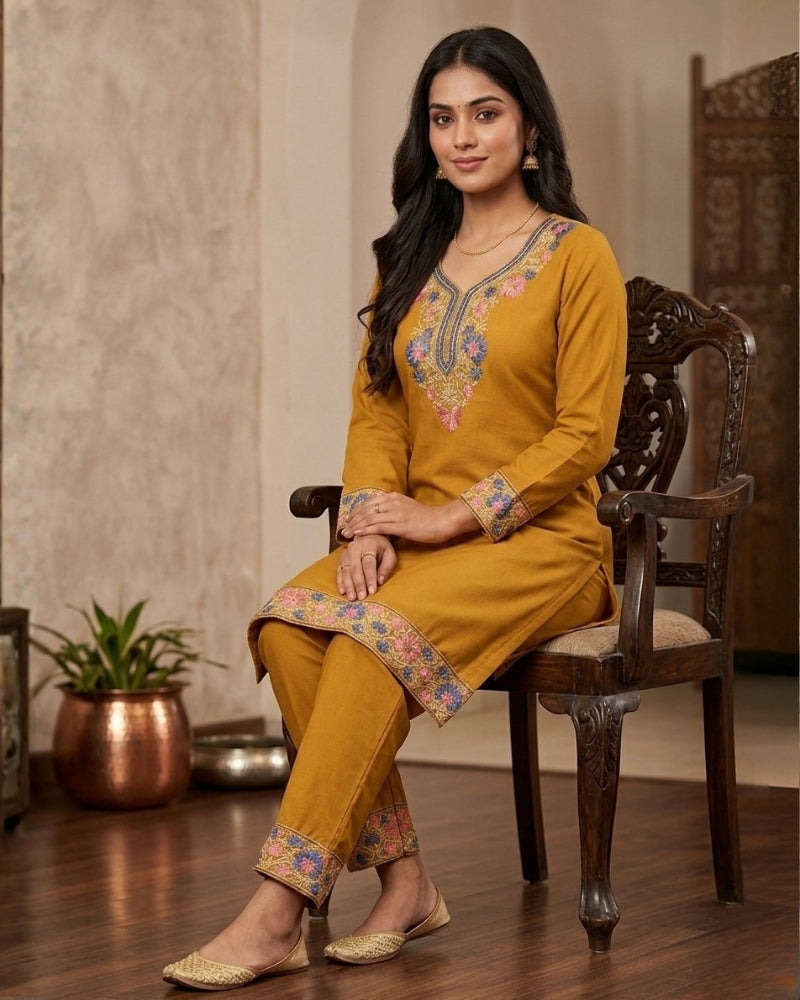 Kashmiri Embroidered Rayon Co-Ord Set - Mustard