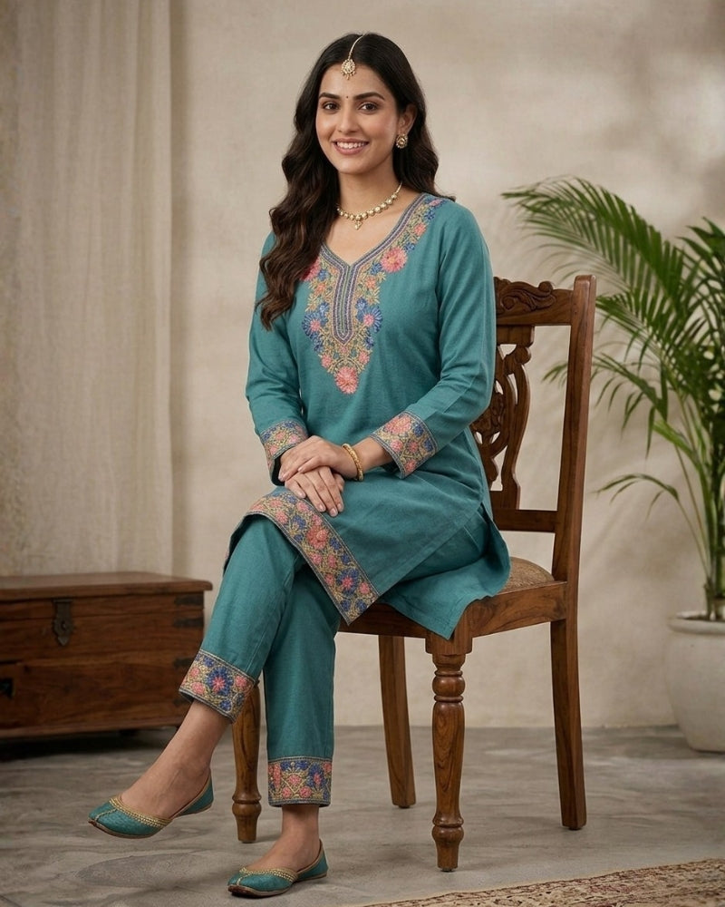 Kashmiri Embroidered Rayon Co-Ord Set - Teal