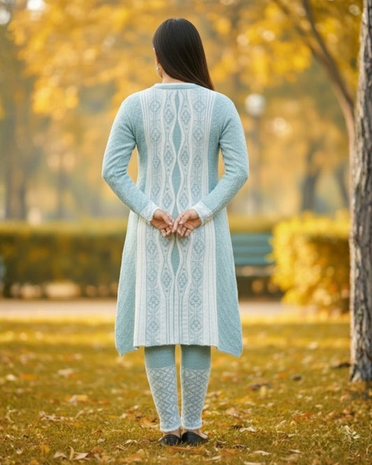 Full Sleeve Knee Length Hair Wool Fabric Sea Green Color 3 PC Kurti Set For Women