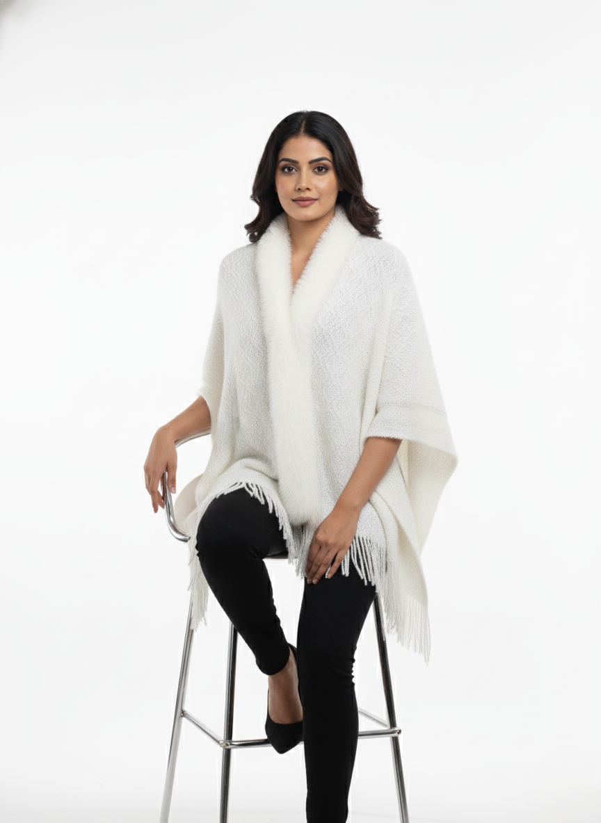 महिलाओं के लिए प्रीमियम फॉक्स फर ट्रिम ऊन रैप | सुरुचिपूर्ण ओवरसाइज़्ड विंटर पोंचो | आदर्श उपहार