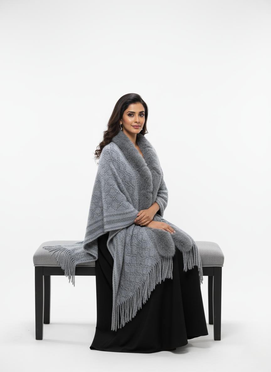 महिलाओं के लिए प्रीमियम फॉक्स फर ट्रिम ऊन रैप | सुरुचिपूर्ण ओवरसाइज़्ड विंटर पोंचो | आदर्श उपहार