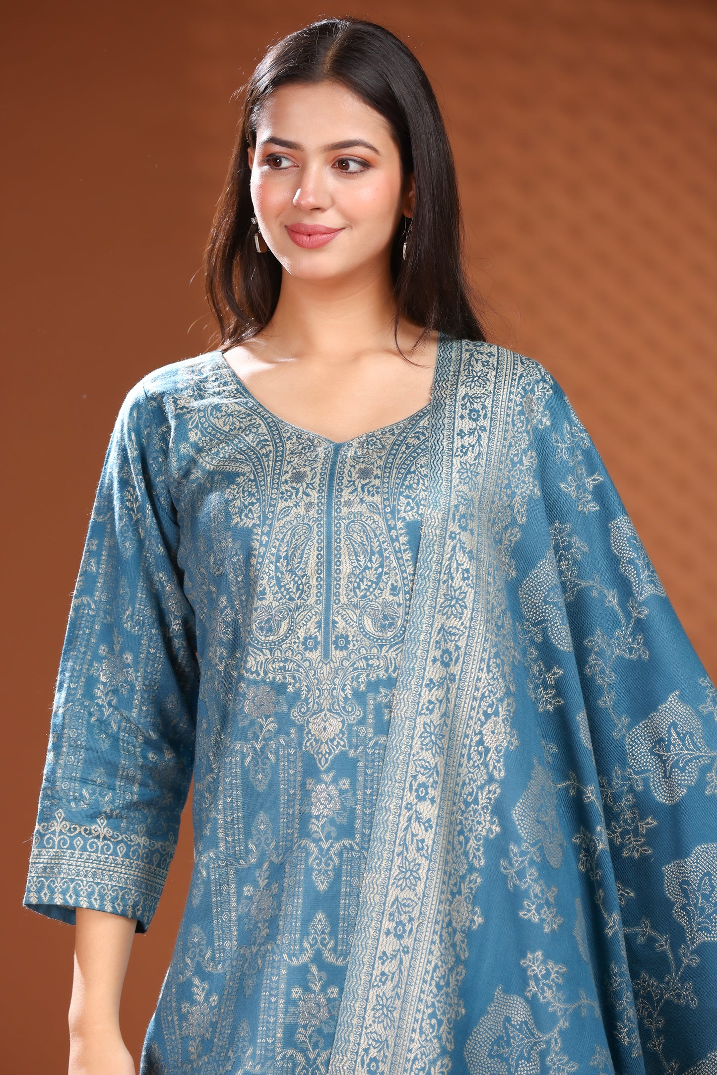KRITI Woolen Unstitched Suit Set Weaving Design Air force Color For Women
