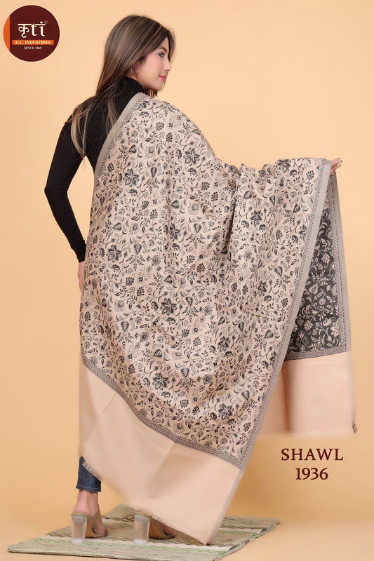 Kriti Floral Pattern Woven Woollen Beige Color Shawl For Women