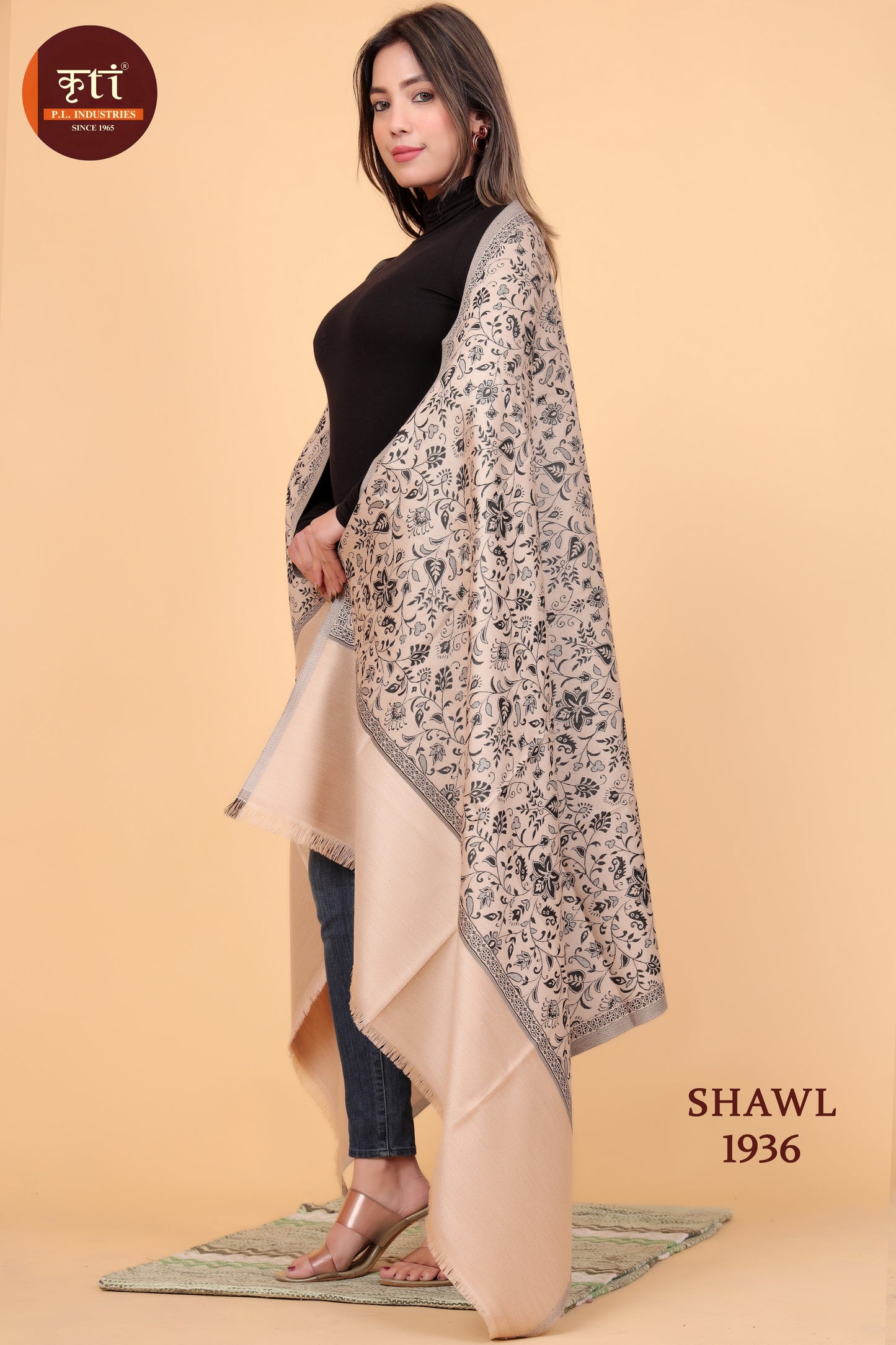 Kriti Floral Pattern Woven Woollen Beige Color Shawl For Women