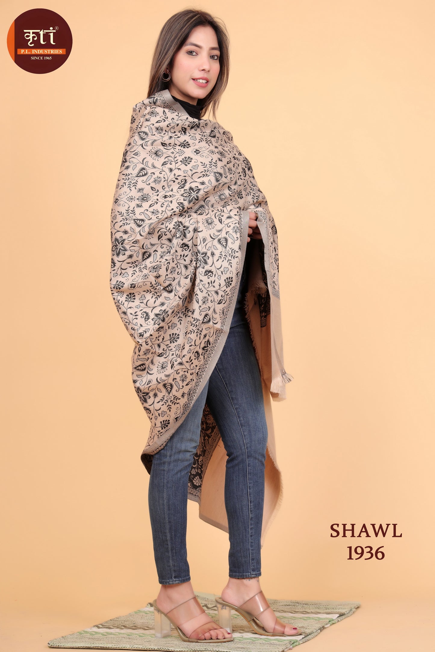 Kriti Floral Pattern Woven Woollen Beige Color Shawl For Women