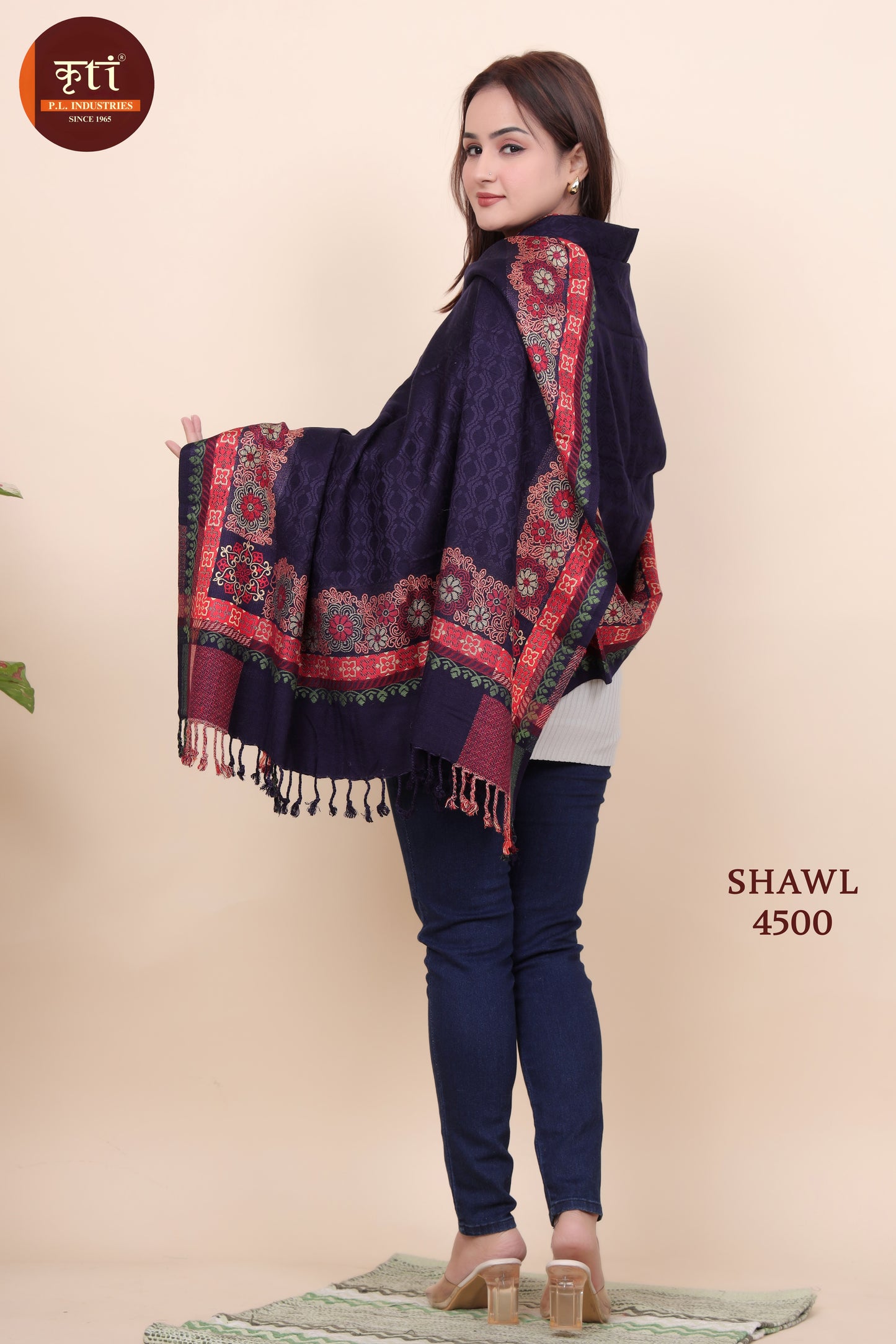 KRITI Traditional Border Woollen Navy Color Shawl  For Women