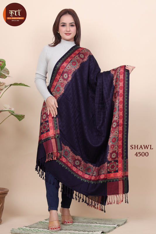 KRITI Traditional Border Woollen Navy Color Shawl  For Women